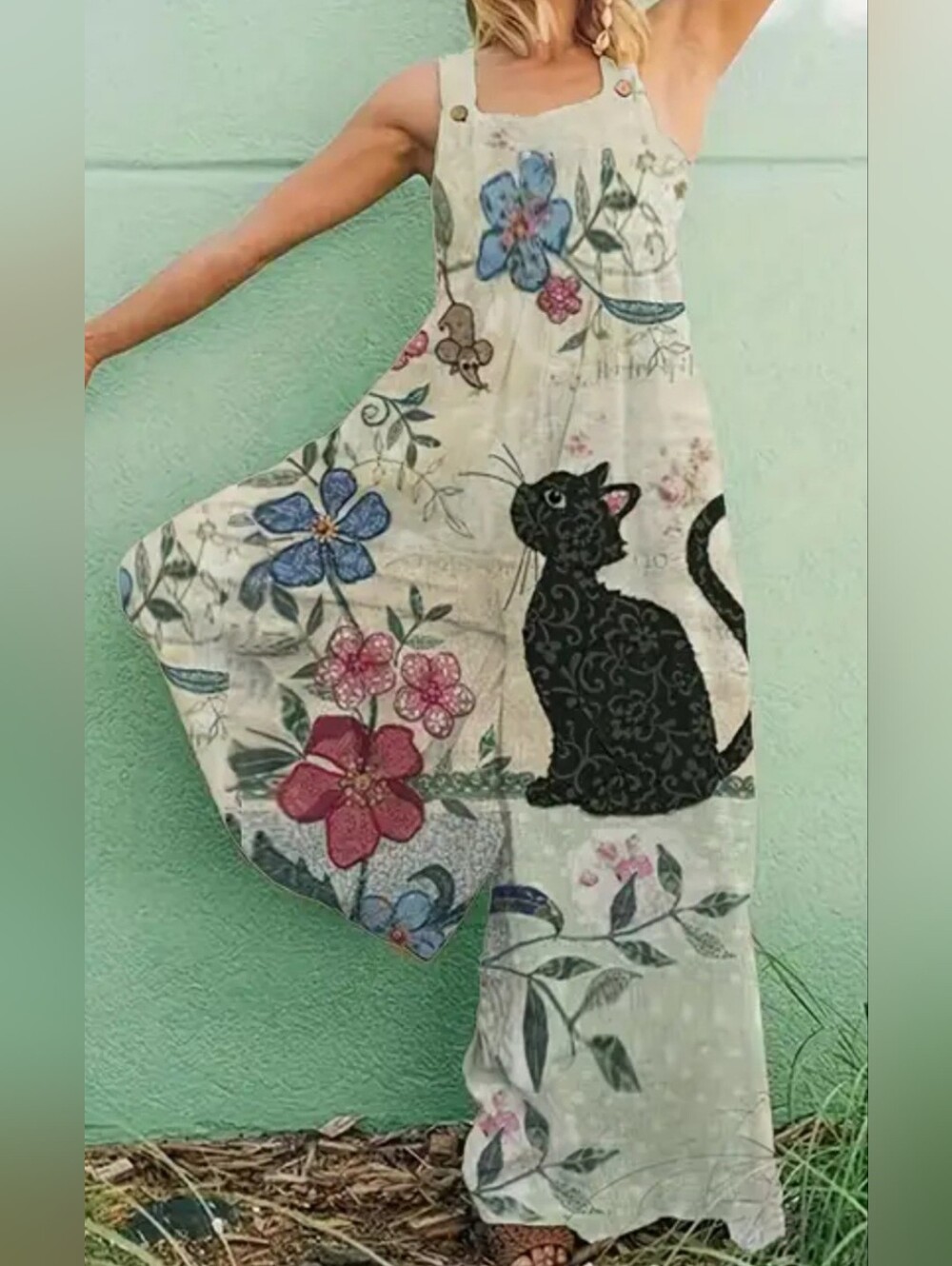 Cream Floral Cat Print Maxi WIDE Leg Jumpsuit. Size M